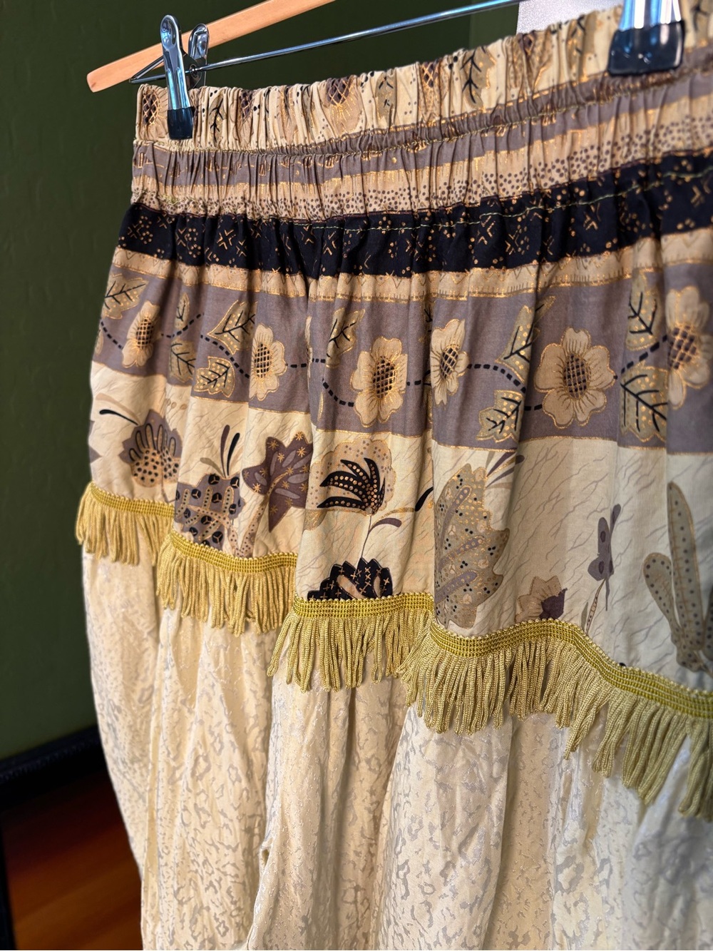 Boho Ren Faire Tassel Trim Green Yellow Floral Patchwork Loose Harem Pants - Picture 3 of 4